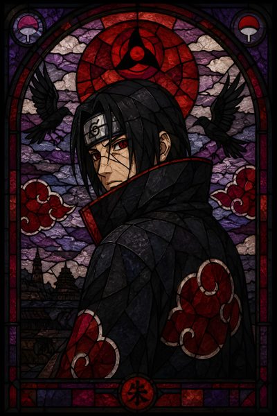 a stained glass window with a man in black and red clothing holding a bird on it's shoulder Itachi Uchiha Halloween Naruto Itachi, Naruto And Sasuke, Naruto Shippuden Sasuke, Dope Cartoon Art, black