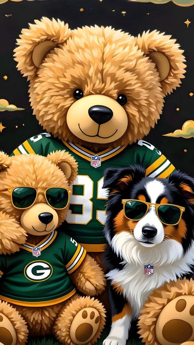 a painting of two teddy bears wearing green bay packers jerseys with sunglasses on their faces Packers Halloween Packers Images, Greenbay Packers, Bears And Packers, Packer Iphone, saddle brown