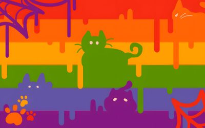 a cat is standing in front of a rainbow background Halloween Pride Flag Lgbtq Halloween, Halloween Pride Flag, Agender Halloween Pride Flag, olive