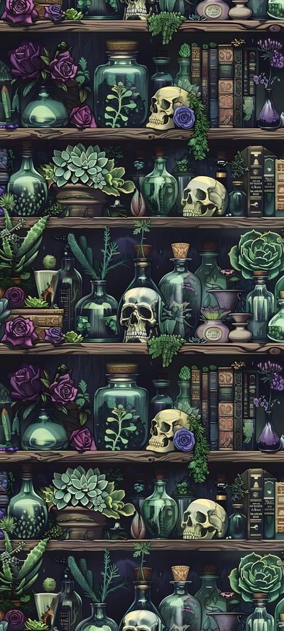 a shelf filled with lots of different types of vases and plants on top of wooden shelves Halloween Plant Witchy Background Images, Witchy Background Iphone, Witchy Background, dark slate gray