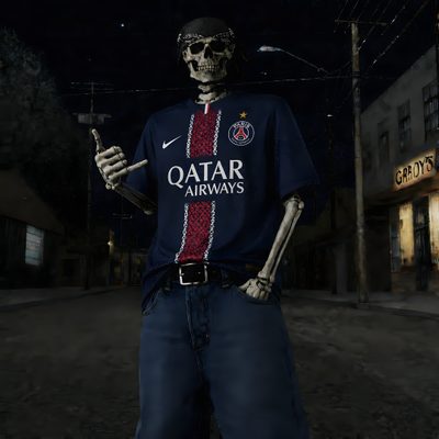 a skeleton wearing a paris saint - germain shirt is standing in the street at night Football Halloween Psg Soccer Outfit, Saint Germain, Paris Saint-germain, Paris, black
