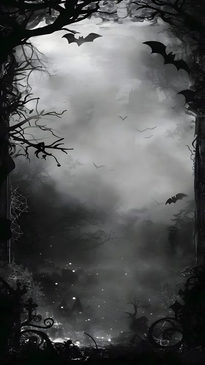 a black and white photo of bats flying in the night sky above a forest filled with trees Gothic Halloween Bats Black White Halloween Background For Invitation, Goth Backgrounds, Halloween Aesthetic, dark slate gray