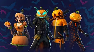 five cartoon characters dressed in halloween costumes with bats and pumpkins on their heads, all standing next to each other Fortnite Halloween Jack Skellington Fortnite, Nightmare Before Christmas Fortnite, Fortnite Pumpkin, midnight blue