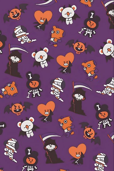halloween themed wallpaper with cartoon characters and pumpkins in purple, orange and black Bt21 Halloween Halloween Skzoo, K Pop Halloween, Bt21 Pumpkin Painting, Bt21 Fall, dark slate blue