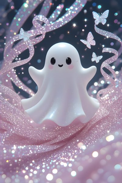 a white ghost floating in the air with butterflies around it and glitters all around Cute Glitter Halloween Ghost Cute, Glitter Ghost, Cute Pink Ghost, Cute Ghost, dark gray