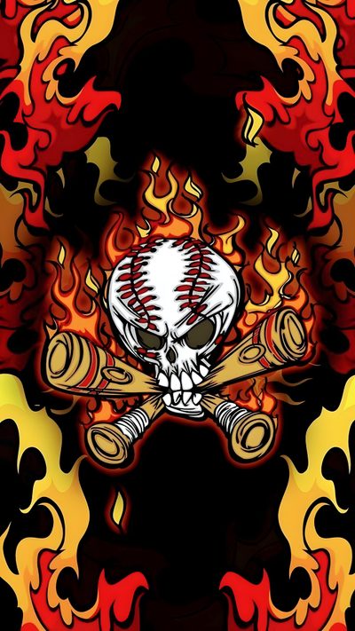 a baseball with flames on it and a skull in the middle Baseball Halloween Baseball Themed Design, Flaming Skull Art, Skull With Baseball And Bats, black