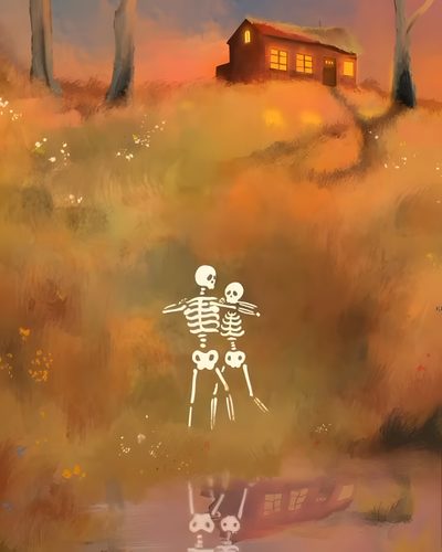 a painting of two skeletons in front of a house on a hill with trees and water Halloween Live Gif Skeleton Illustration, Fb Profile Photo, Skeleton Art, Peace Illustration, sienna
