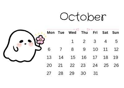 an october calendar with a ghost holding a flower in it's mouth and the date is October 2025 Calendar Halloween Calender For Oct 2025, October October Calendar 2025, 2025october Calendar, white