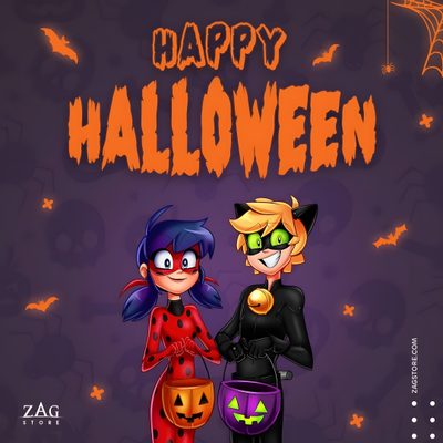 two children dressed up as witches with bats and pumpkins in front of the words happy halloween Miraculous Ladybug Halloween Miraculous Befana, Miraculous Ladybug Pumpkin Carving, Ladybug And Cat Noir Halloween, dark slate gray