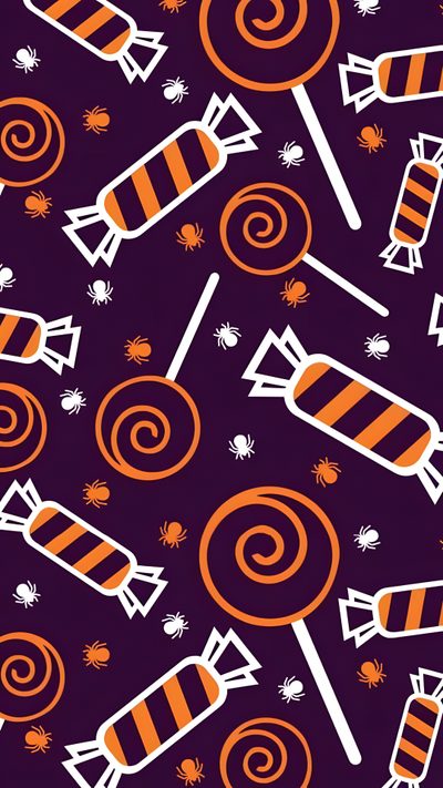 an orange and white candy pattern on a purple background Halloween Candy Design Halloween Fabric Candy Halloween Design, Cute Halloween Candy Pattern, Halloween Themed Patterned Backgrounds, midnight blue