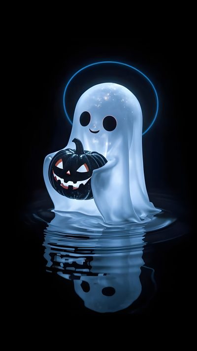 a ghost floating in the water with a pumpkin on it's face and head Halloween - Ghost Mood - Aqua Halloween Live, Halloween Backgrounds, Halloween Cute, Beautiful Dark Art, black
