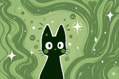 a black cat with stars and swirls on it's face is standing in front of a green background Halloween Black Cat Green Background Green, In Keyboard, Sage Green Ipad Aesthetic, olive drab