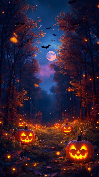 two pumpkins in the middle of a forest at night Halloween 2025 Spooky Halloween Backgrounds, Halloween Nature, Halloween Road, black