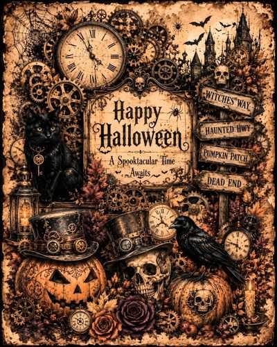 a halloween card with an image of a cat, clock and other items Halloween Steampunk Tin Can Decorations, Tin Can, Halloween Printables, Autumn Inspiration, saddle brown