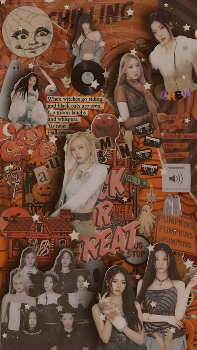 an altered collage of girls in halloween costumes and pumpkins with the words k r treat on them Kpop Halloween Aespa Iphone, Witch, Aespa, Halloween, saddle brown