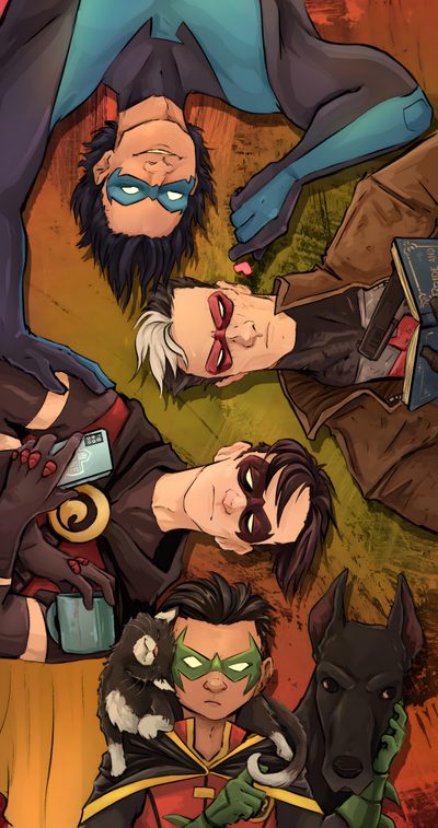 some cartoon characters laying on the ground with their eyes closed and one person holding his head Dc Halloween All Bat Family Members, Batman And All Robins, Bat Family 4k, dark olive green