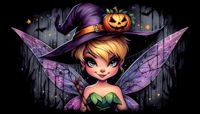 a cartoon fairy with a pumpkin on her head Tinkerbell Halloween Cute Halloween Pictures, Halloween Desktop, Tinkerbell Pictures, black