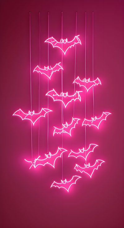 a bunch of bats hanging from strings in the air with neon lights on them, against a dark background Dark Pink Halloween Diy Halloween Party Ideas, Halloween Neon Decor, Neon Pink Bat Decorations, brown