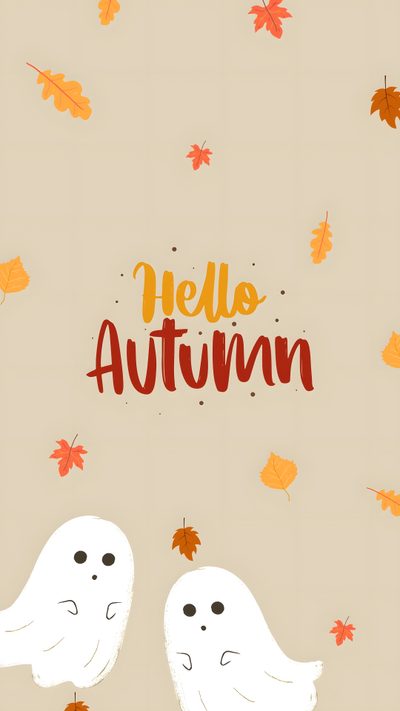an autumn card with two white ghostes and leaves in the background that says hello autumn Hello Halloween Cute Autumn Halloween, Autumn Theme, Autumn Theme Iphone, Happy Autumn, wheat