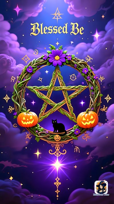 a cat sitting in the middle of a pentagram with pumpkins and stars around it Pagan Halloween Wiccan, Halloween Live, Night Witches, Witch Pictures, Clover Tattoos, dark slate blue