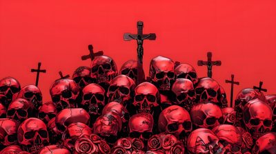 a large group of skulls with crosses on them in front of a red background, Halloween Red Skull Skull For Laptop, Red And Black Cross, Black And Gold Cross, Red Skulls, crimson
