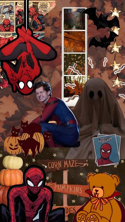 a collage of spider - man, teddy bear and other halloween related items Halloween Spiderman Halloween, Spider Man Halloween, Pretty Iphone, Amazing Spider, Tom Holland, saddle brown