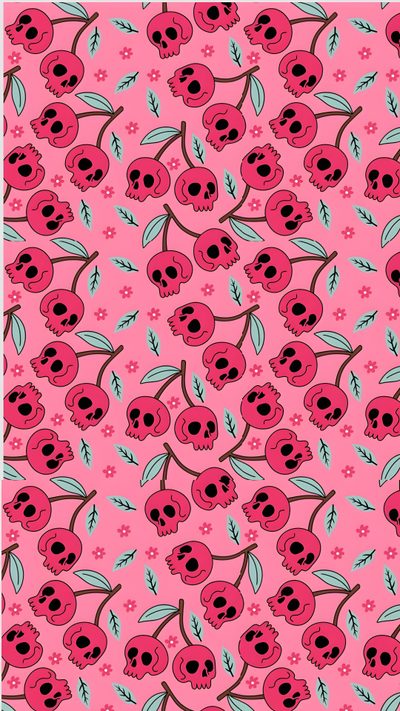 a pink background with skulls and cherries on the bottom, in different shades of pink Cute Halloween Skull Springoween, Funny Pattern, Cherry Skulls, Skull Cherry, Cherry Pfp Aesthetic, hot pink