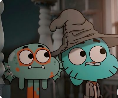 two cartoon characters standing next to each other Gumball Halloween Gumball And Darwin Widget, Gumball And Darwin Aesthetic Pfp, Gumball Wizard, dark slate gray