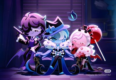 three cartoon characters dressed up as witches Crk Halloween Cookies Run Kingdom, Cookie Run Kingdom Licorice, Beast Trio Crk, Crk Laptop, midnight blue