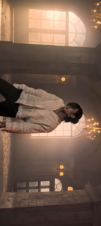 a woman in white shirt and black pants flying through the air with her legs spread out Hyunjin Halloween Hyunjin 1920x1080, Idol Background, Skz Computer, Hyunjin Karma, dark olive green
