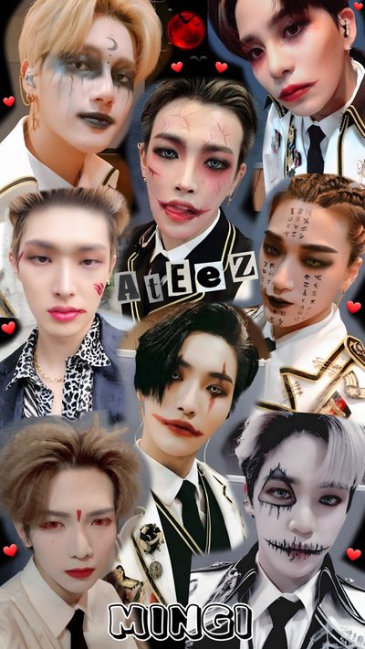 some people with makeup on their faces Ateez Halloween Ateez Hala Hala, Halateez, Mingi Ateez Halloween, Ateez Inspired Makeup Looks, gray