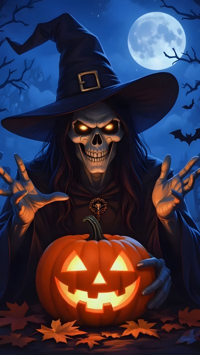 a skeleton wearing a witches hat and holding a pumpkin Halloween Portrait Halloween Image, Scary Halloween Pictures, Happy Halloween Pictures, Scary Photos, black