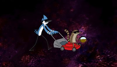 a cartoon character pulling a lawn mower with another character on the other side, in front of a purple background Regular Show Halloween Regular Show, Cn Shows, Desktop Macbook, Aesthetic Desktop, Cartoon Tv, black