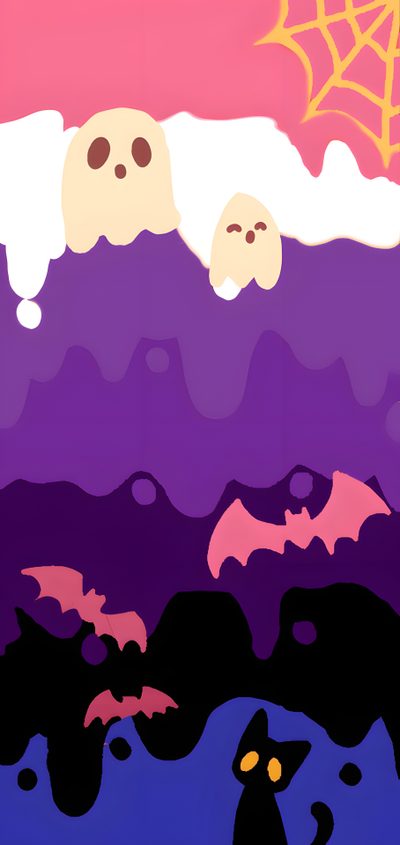 three spooky ghost faces floating in the air over a purple and pink background Halloween Pride Cute Ghost And Bat Illustration, Halloween Cartoon Art, Halloween Party Decoration Ideas, dark slate blue