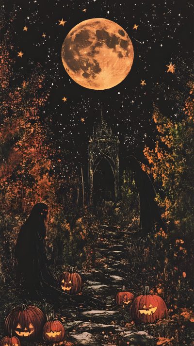 a painting with pumpkins on the ground in front of a full moon Black And Gold And Orange Halloween Halloween Vibes, Dark Halloween Aesthetic, Halloween Aesthetic Dark,