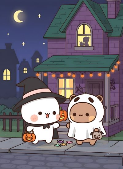 two cartoon characters dressed in halloween costumes standing outside a house at night with pumpkins on the ground Bubu Dudu Halloween Milk And Mocha Halloween, Milk Mocha Halloween, Mocha Bear Halloween, dim gray