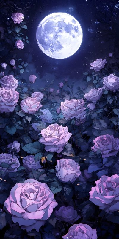 the full moon is shining over some purple roses Moonlight Flowers Halloween Floral Flower Phone Aesthetic, Moon And Roses Aesthetic, Cool Backgrounds, midnight blue