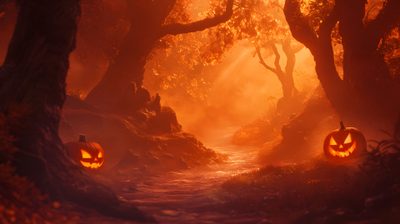 two jack o lantern pumpkins on a path in the woods at night with fog Halloween Banner With Forest Halloween Forest Background 4k, Halloween Thumbnail, Halloween Background Realistic, maroon