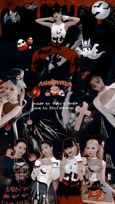 a collage of people dressed in halloween costumes with bats and pumpkins on them Halloween Blackpink Rosé Halloween, Rosé Halloween Blackpink, Beautiful Backgrounds, Halloween, black