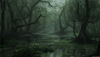a swampy area with trees and water in the foggy day, digital painting Halloween Swamp Swamp Background Aesthetic, Haunted Swamp Background, Swamp Background, dark slate gray