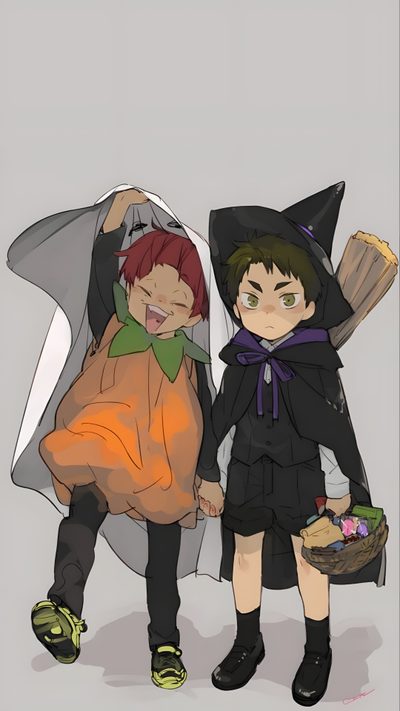 two children dressed up as witches and one is holding a basket with an egg in it Haikyuu Halloween Tendou Ushijima, Halloween Haikyuu, Ushijima X Tendou Cute, Haikyu Halloween, silver