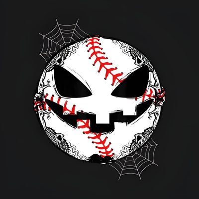 a baseball with an evil face and spider web on it's side, in the middle of a black background Halloween Softball Halloween Baseball Decorations, October Baseball, Ghost Baseball Logo, black