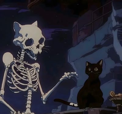 a cat sitting in front of a skeleton with a skull on it's back Kitty Skeleton Halloween Cats Cute Skeleton Pfp, Cat With Skeleton, Wifiskeleton Cat, black