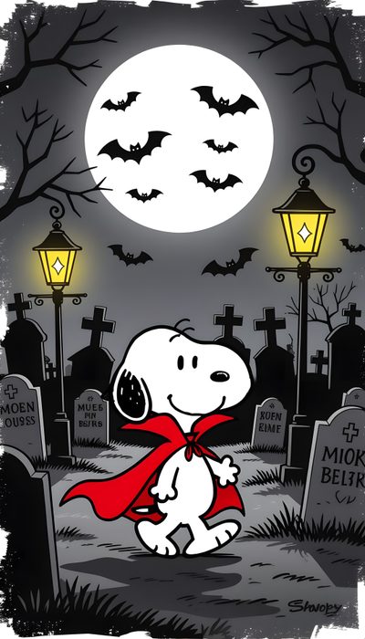 a cartoon dog dressed up as a super hero in front of a cemetery with bats Happy Halloween Snoopy Halloween Snoopy Dracula, Halloween Boy, Snoopy Halloween, dark slate gray