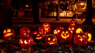 pumpkins carved to look like jack o lantern faces Halloween Pumkin Jack O Lantern Pumpkin Patch, Jack O Lantern Jamboree 2, Jack O Lantern Driveway Lights, black