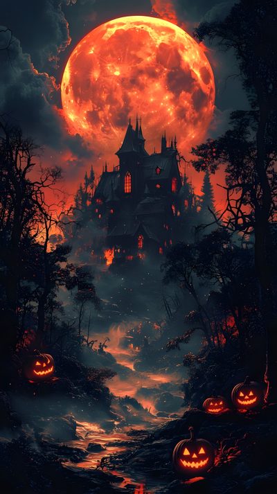 a creepy castle with pumpkins in the foreground and a full moon in the background Ios 16 Iphone Halloween Iphone Halloween Background, Haunted Moon Iphone, Halloween For Iphone, dark slate gray