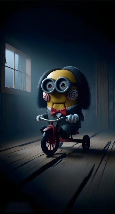 a minion riding on a tricycle in the dark with an eye patch and red bow tie Minions Halloween Minions Sam, Chucky Minion, Minions Movies Villains, Minion Jason, Minions With Beard, black