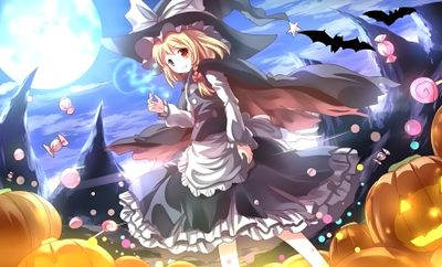 a girl dressed as a witch standing in front of pumpkins Touhou Halloween Marisa Kirisame Official Art, Marisa Kirisame Memories Of Phantasm, Flying Witch Anime, gray