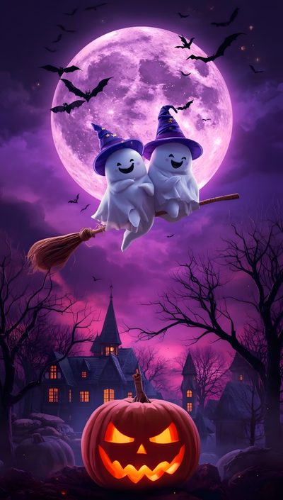 two halloween ghostes flying over a full moon Halloween Couple Iphone Happy Halloween Pictures, Glitter Phone, Halloween Photo Booth, Halloween Cute, indigo