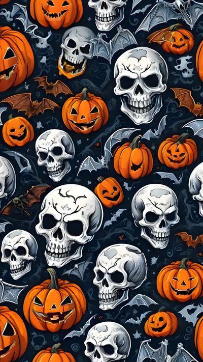 a lot of skulls and pumpkins on a black background for halloween wallpaper or backdrop Halloween Skull And Bat Cool Halloween Backgrounds, Halloween Skull Background Hd, Halloween Background Skull, dark slate gray